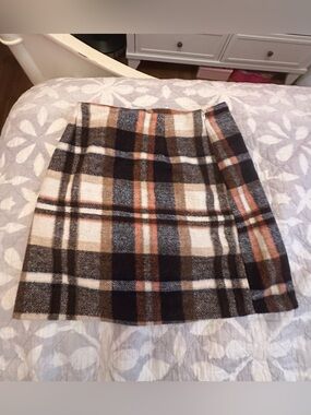 Plaid Wool-Blend Skirt in Brown and Cream